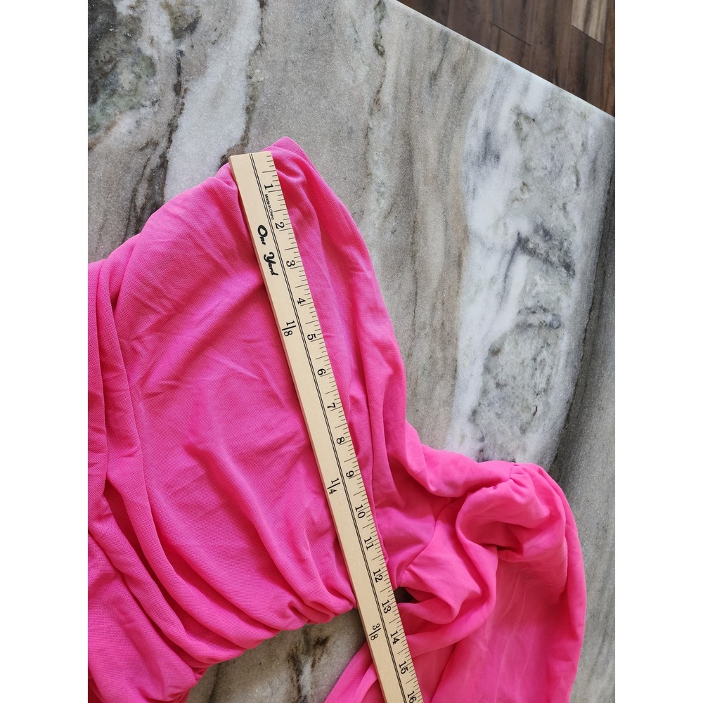 Hello Molly Pink One Shoulder Ruched Mesh Puff Sleeve Bodysuit US 6 M - Picture 6 of 7